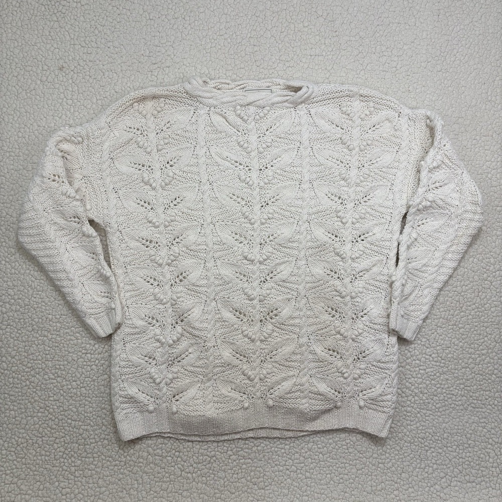VINTAGE Express Tricot Hand Knit Cable Sweater Womens S White Chunky Floral